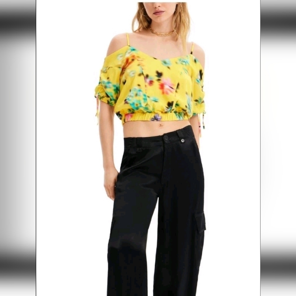 Desigual Womens Yellow Gathered Floral Boho Colorful Cropped Blouse L